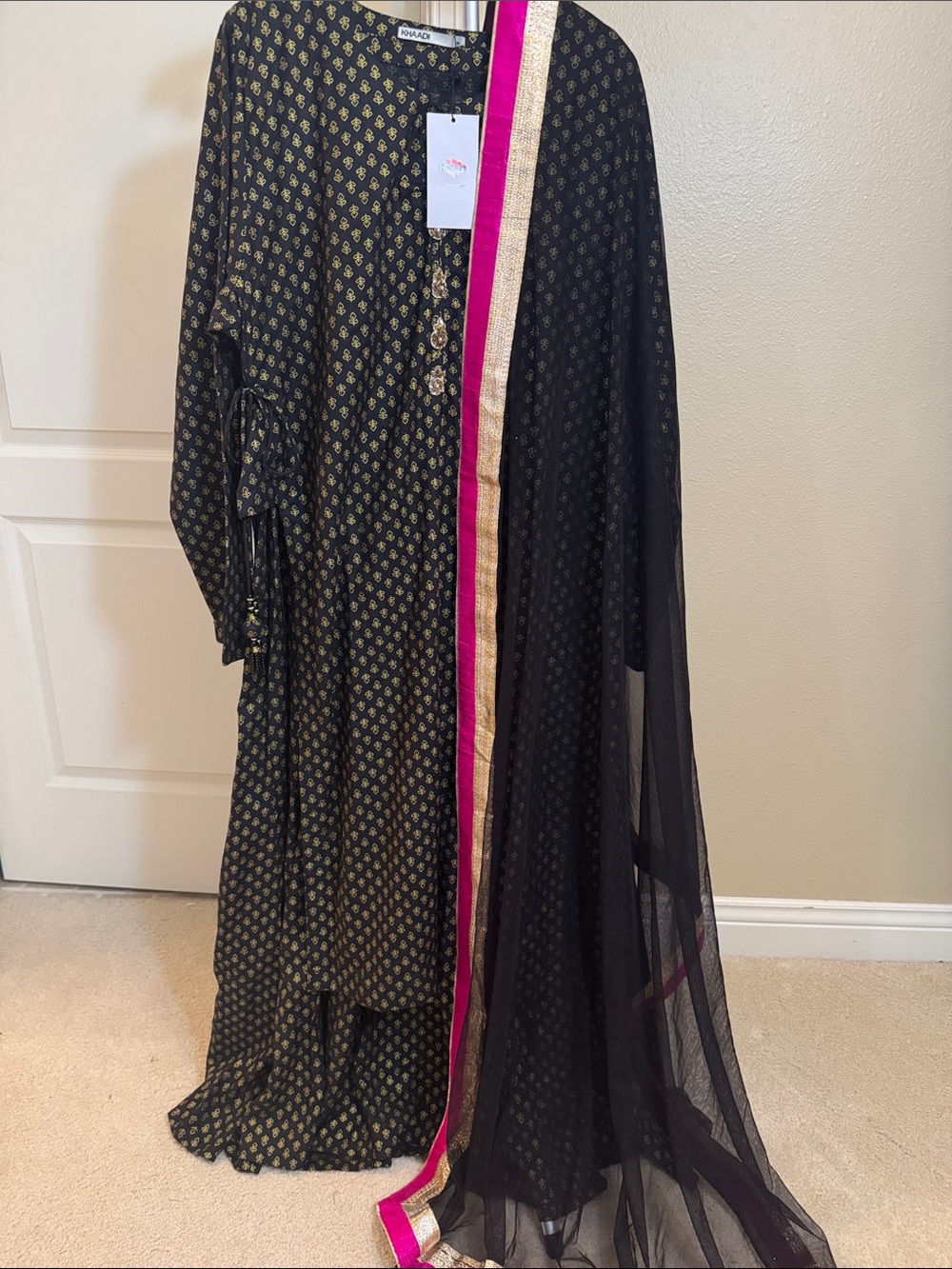Khaadi stylish gold Print Kurta with attached skirt, with stunning gota dupatta